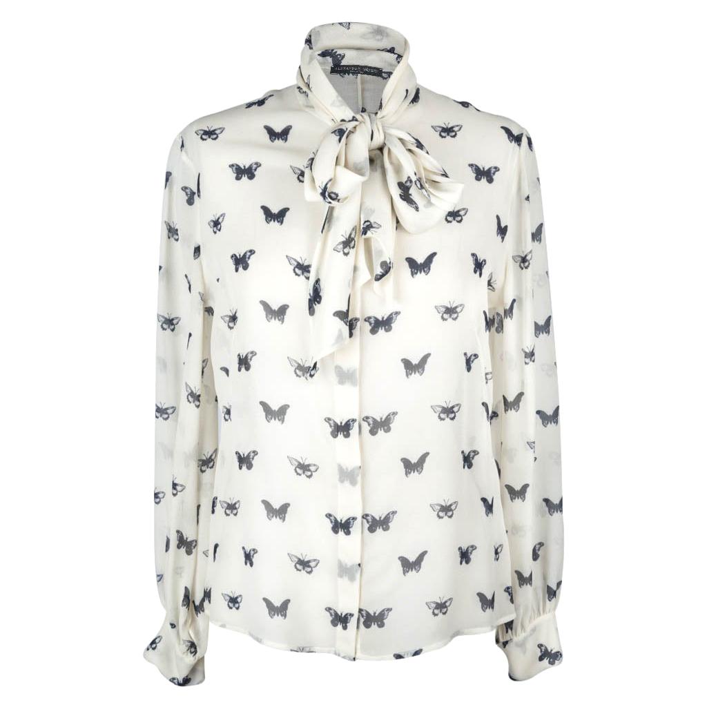 Alexander McQueen Pussy Bow Butterfly Print Silk Blouse  44 / 8  For Sale