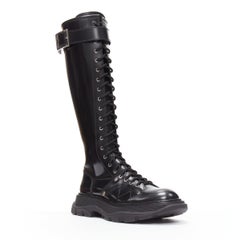 ALEXANDER MCQUEEN Tread black leather lace up combat knee high boot EU39