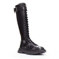 ALEXANDER MCQUEEN Tread black leather lace up combat knee high boot EU39