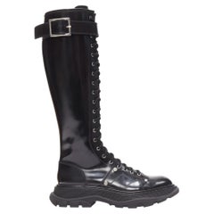 ALEXANDER MCQUEEN Tread black leather lace up combat knee high boot EU39