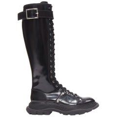 ALEXANDER MCQUEEN Tread black leather lace up combat knee high boot EU39