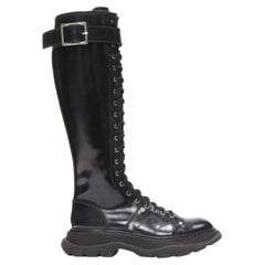 ALEXANDER MCQUEEN Tread black leather lace up combat knee high boot EU39