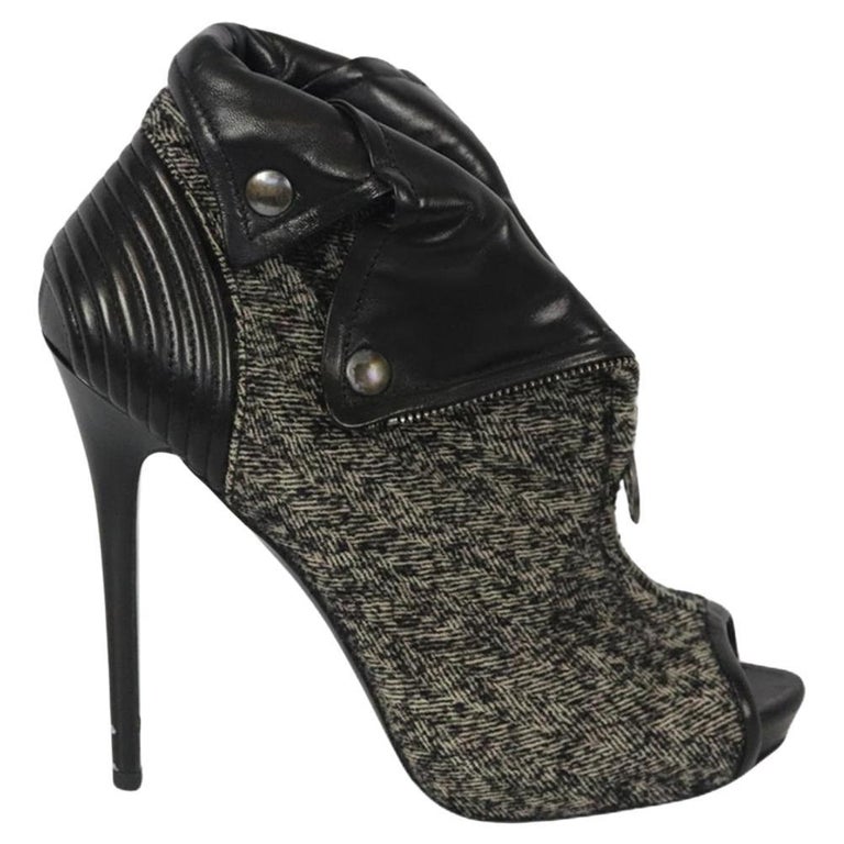 Alexander Mcqueen Tweed And Leather Peep Toe Ankle Boots Eu 38 Uk 5 Us 8  For Sale at 1stDibs