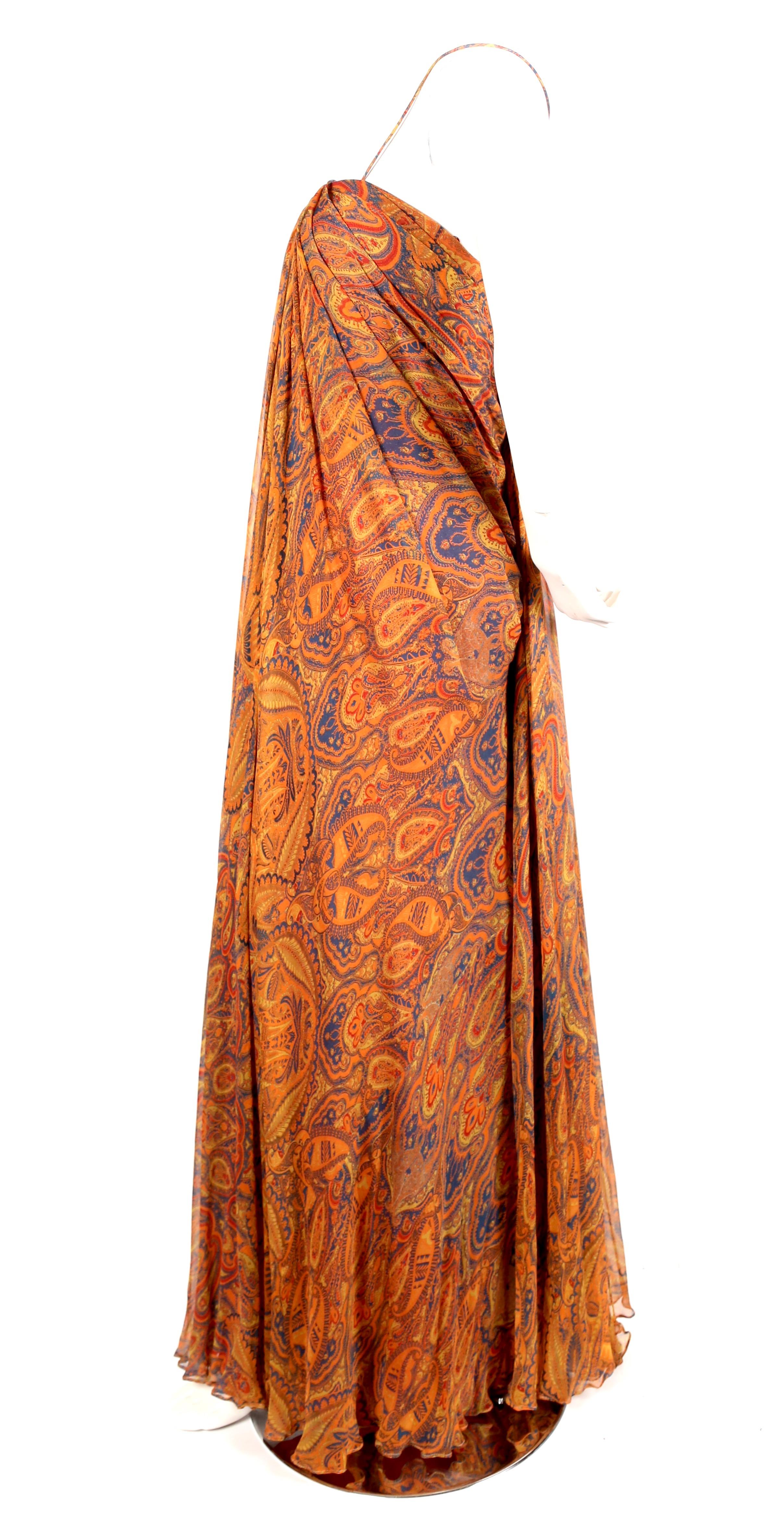 Beautiful, paisley printed, silk-chiffon, floor-length dress from Alexander McQueen dating to 2009. Dress is labeled an Italian size 44 however this dress runs small and would better suit an Italian 40 or 42 (US 4-6) or 34