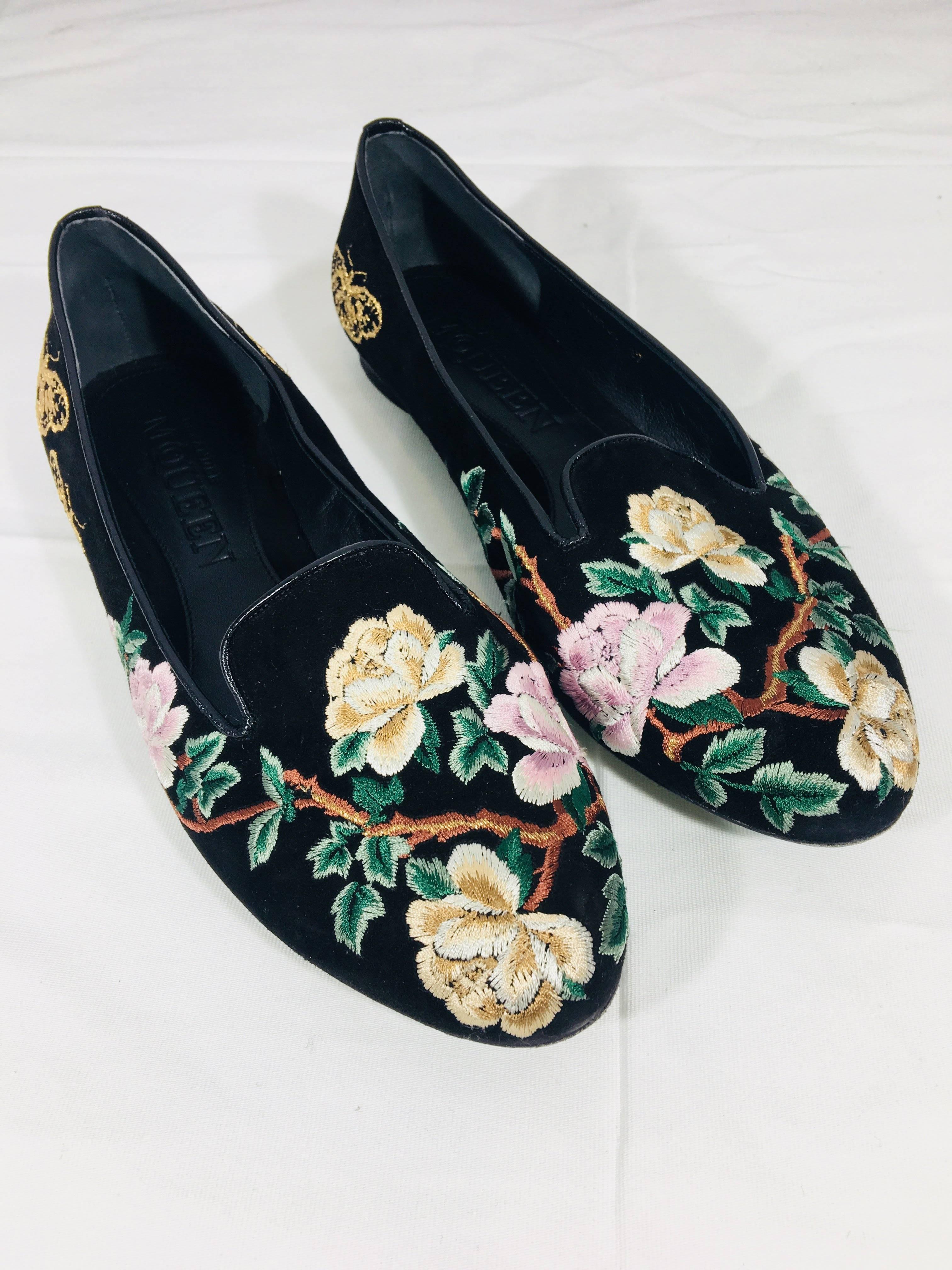 Alexander McQueen Black Velvet Loafers with Embroidered Flowers and Butterflys