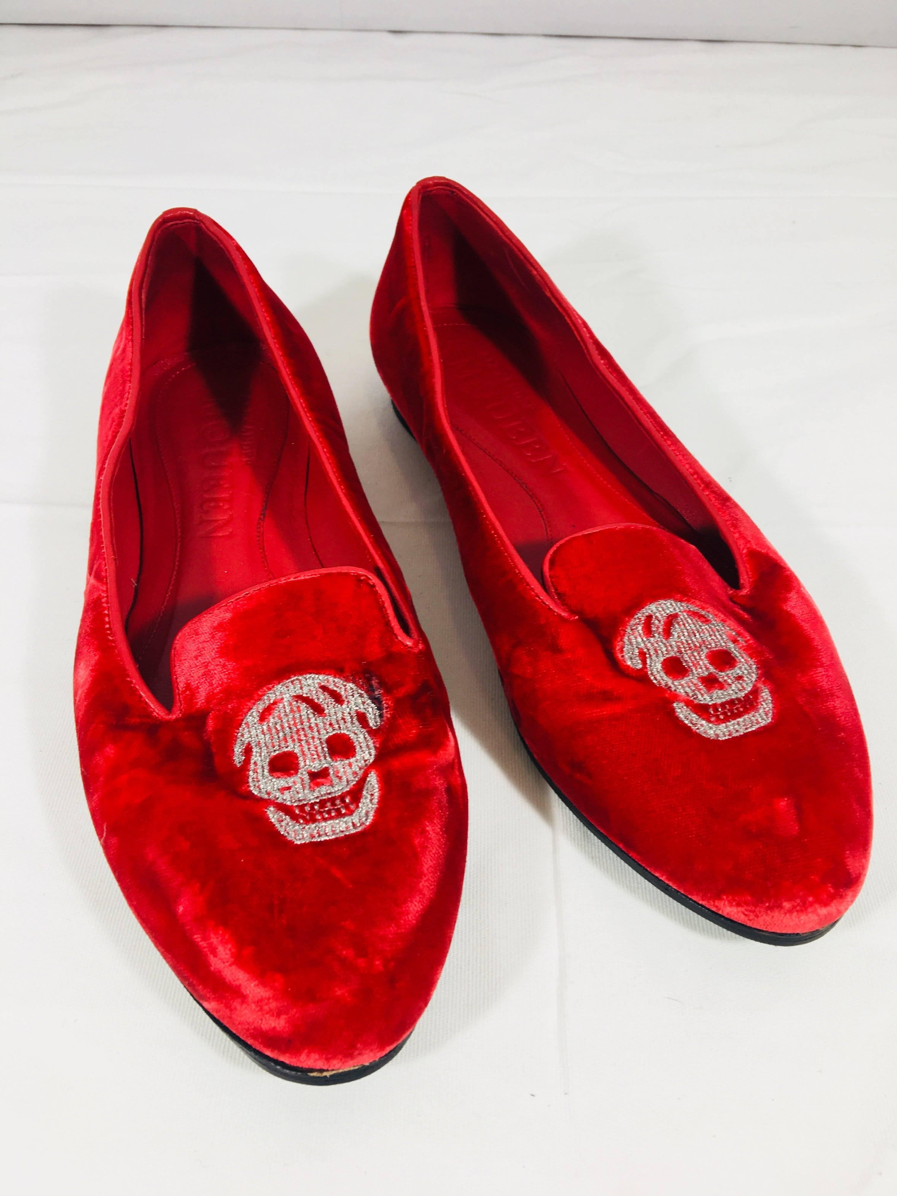 Alexander McQueen Red Velvet Loafers with Silver Embroidered Skulls.