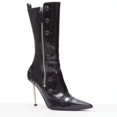 ALEXANDER MCQUEEN Victorian black leather silver pin heel pointy boots EU38