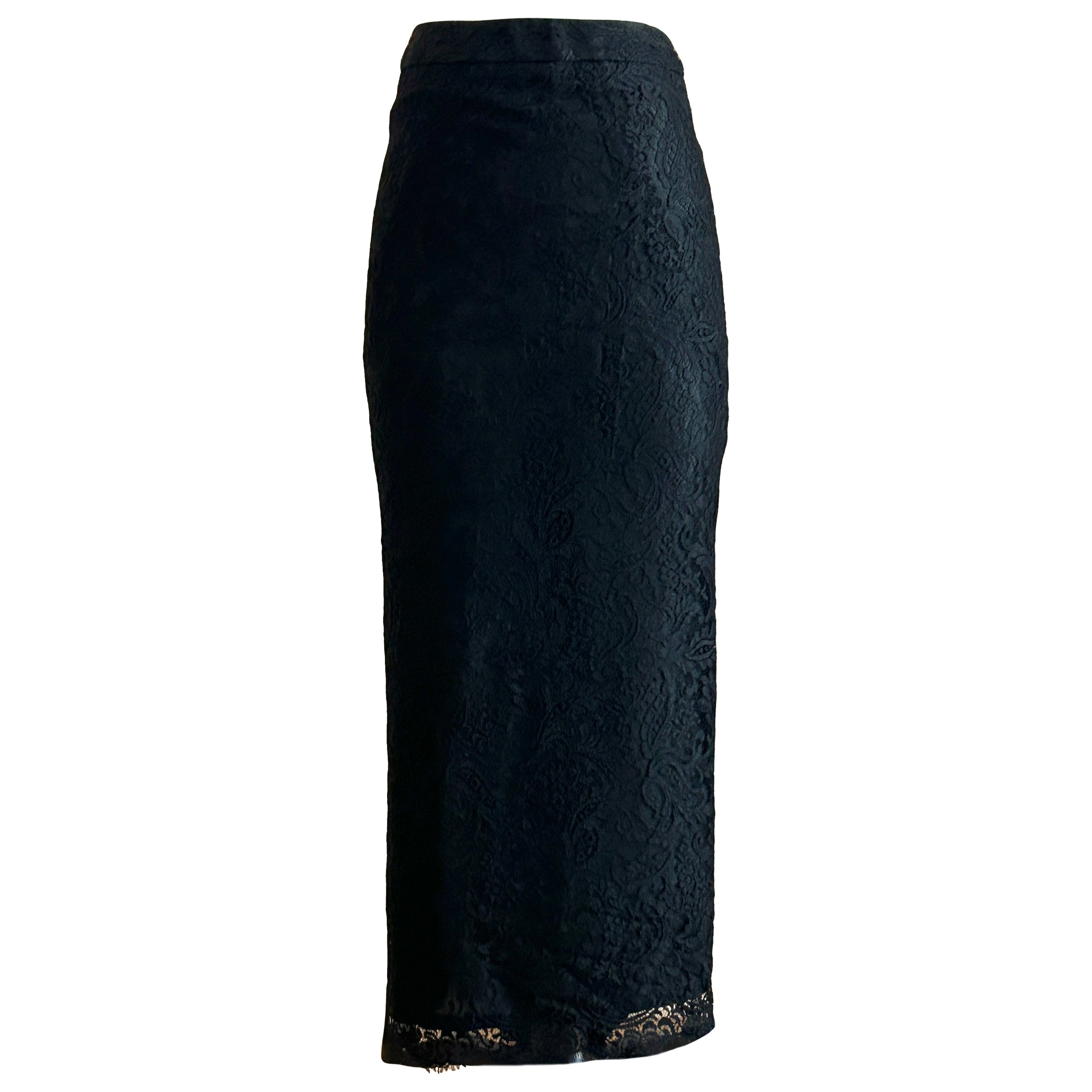 Alexander McQueen Vintage Años 90 Falda lápiz larga de encaje negro en venta