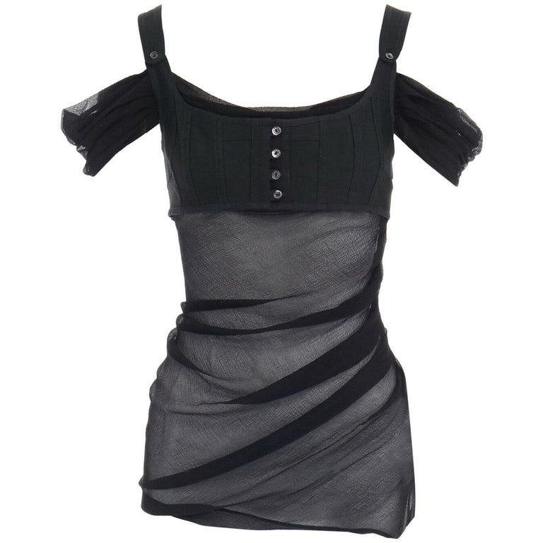 ALEXANDER MCQUEEN Vintage SS05 black drape silk bustier sheer top