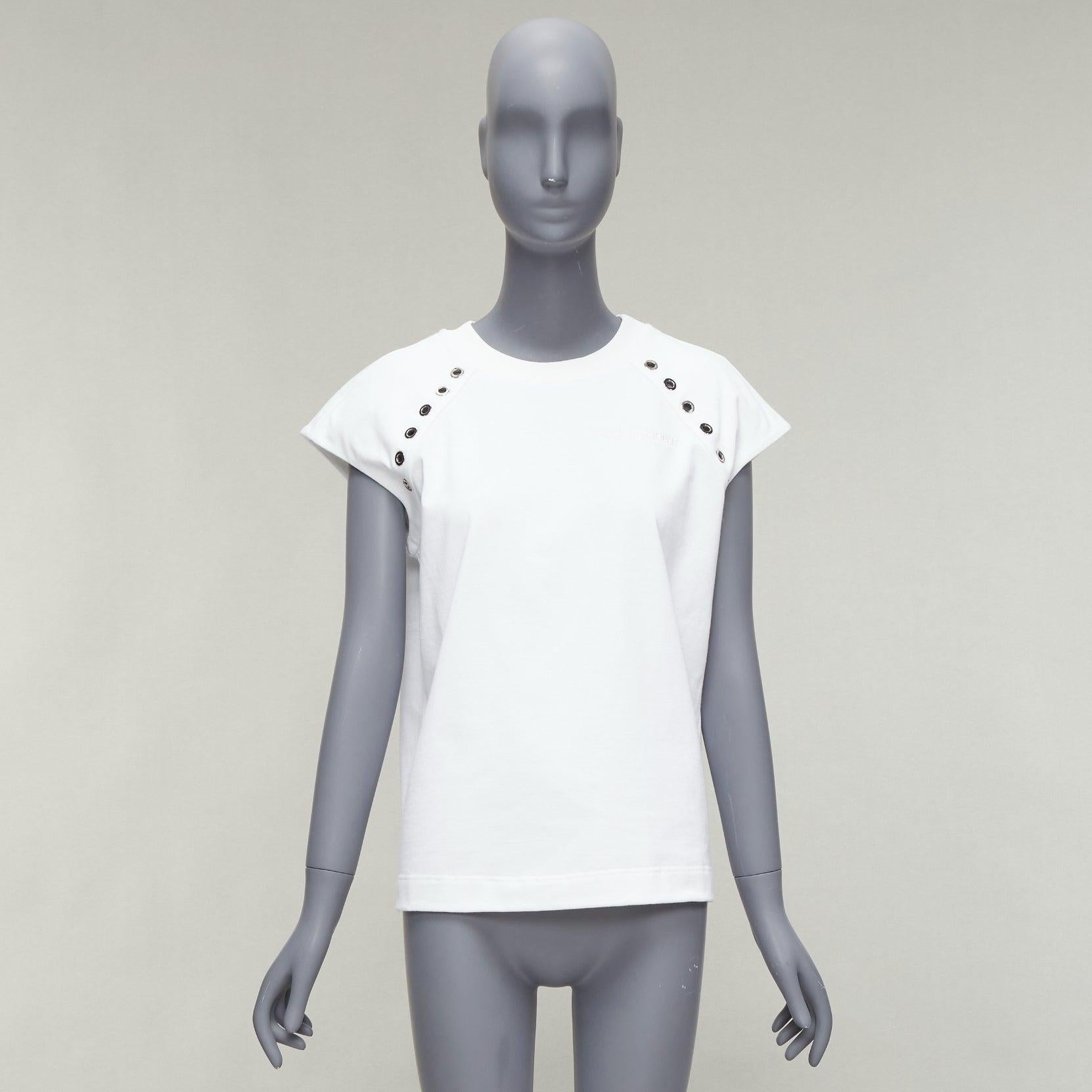 ALEXANDER MCQUEEN white cotton eyelet detail  studded cap sleeve top  IT38 XS For Sale 5