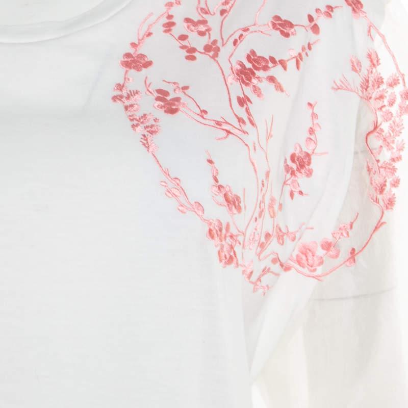 Alexander McQueen White Cotton Floral Embroidered Silk Sleeve Detail Oversized T 1