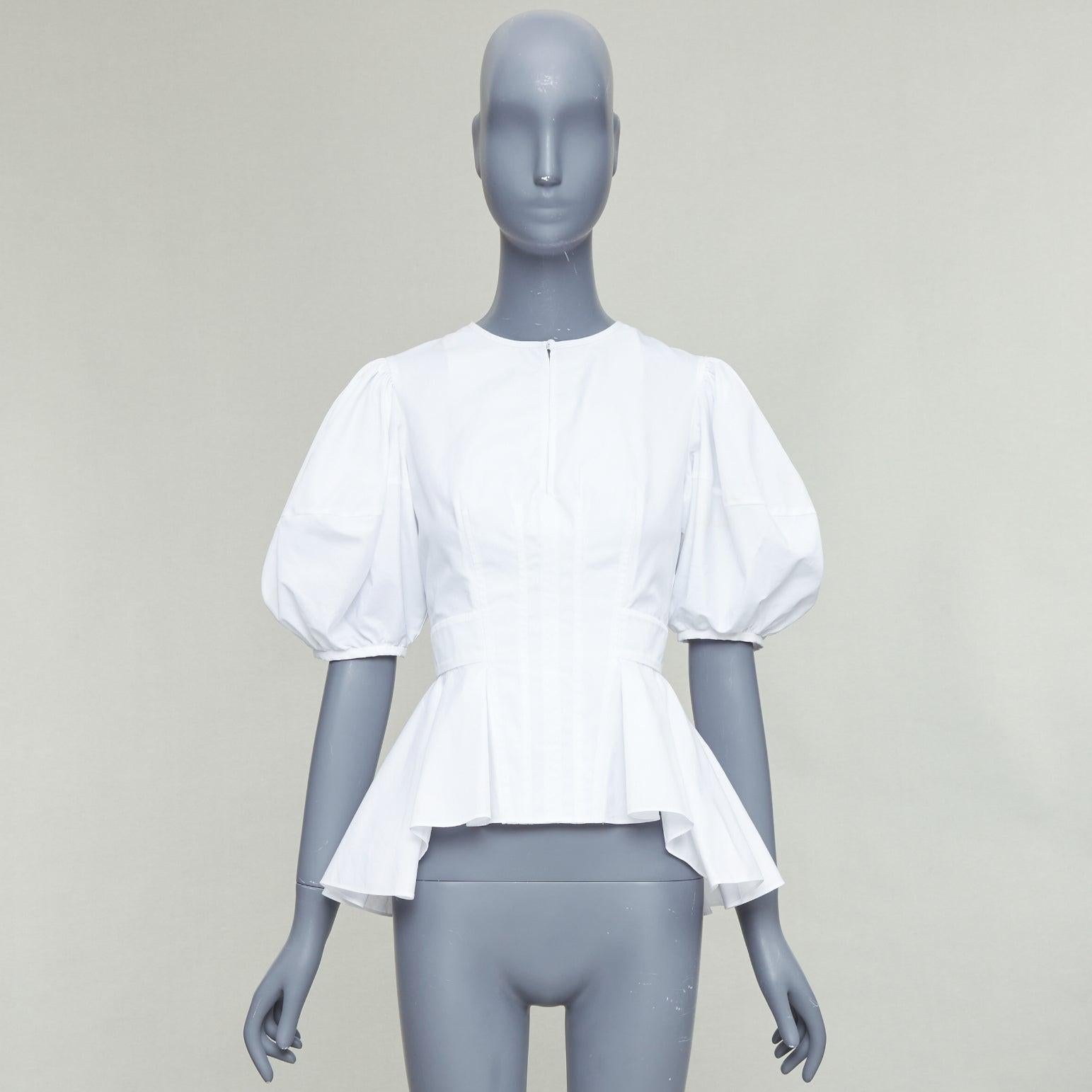 ALEXANDER MCQUEEN top peplum de algodón blanco con mangas abullonadas y pliegues delanteros IT38 XS en venta 4