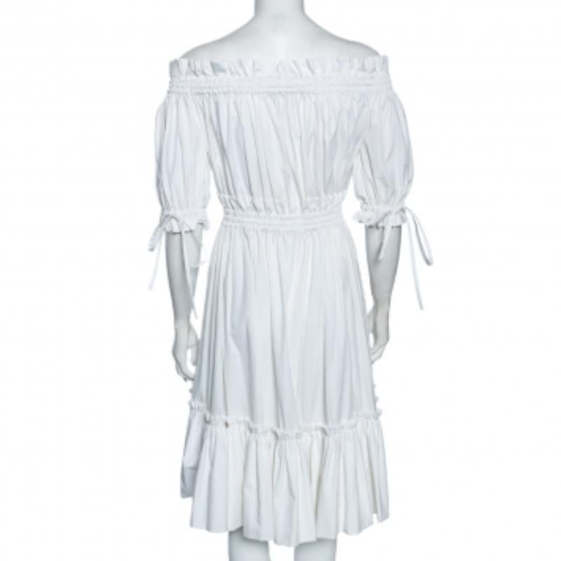 Alexander McQueen Weißes gerafftes gestuftes schulterfreies Midikleid aus Baumwolle M (Grau)