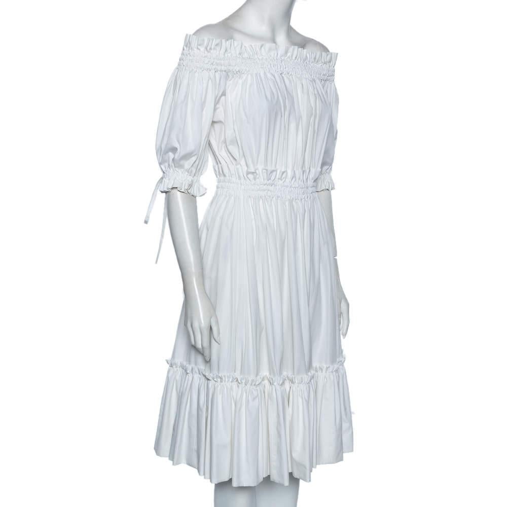 Gray Alexander McQueen White Cotton Ruched Tiered Off Shoulder Midi Dress M For Sale