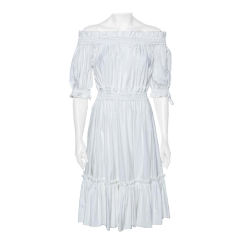 Alexander McQueen White Cotton Ruched Tiered Off Shoulder Midi Dress M