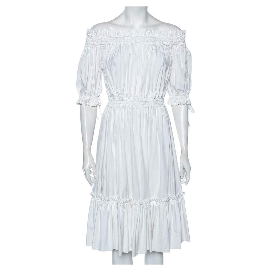 Alexander McQueen White Cotton Ruched Tiered Off Shoulder Midi Dress M For Sale