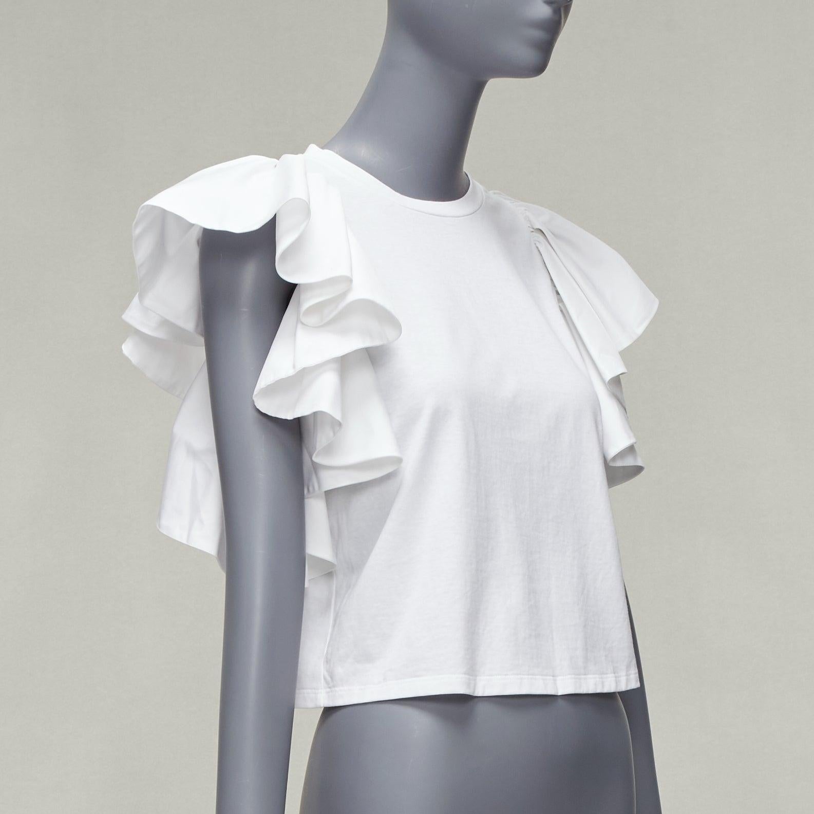 Gray ALEXANDER MCQUEEN white cotton ruffle sleeve crew neck crop top IT38 XS For Sale