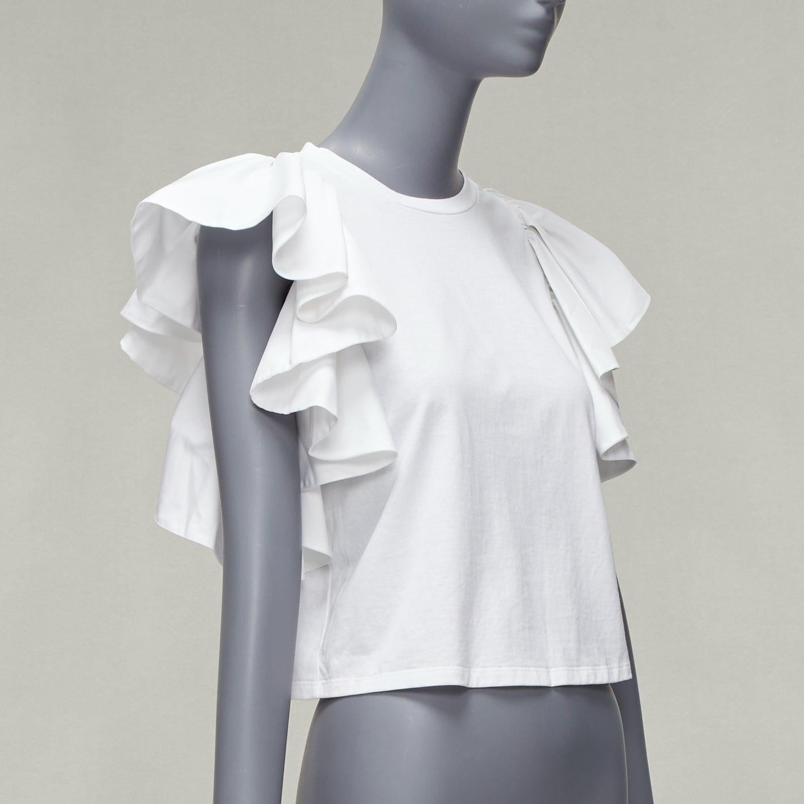 ALEXANDER MCQUEEN white cotton ruffle sleeve crew neck crop top IT38 XS In Excellent Condition For Sale In Hong Kong, NT