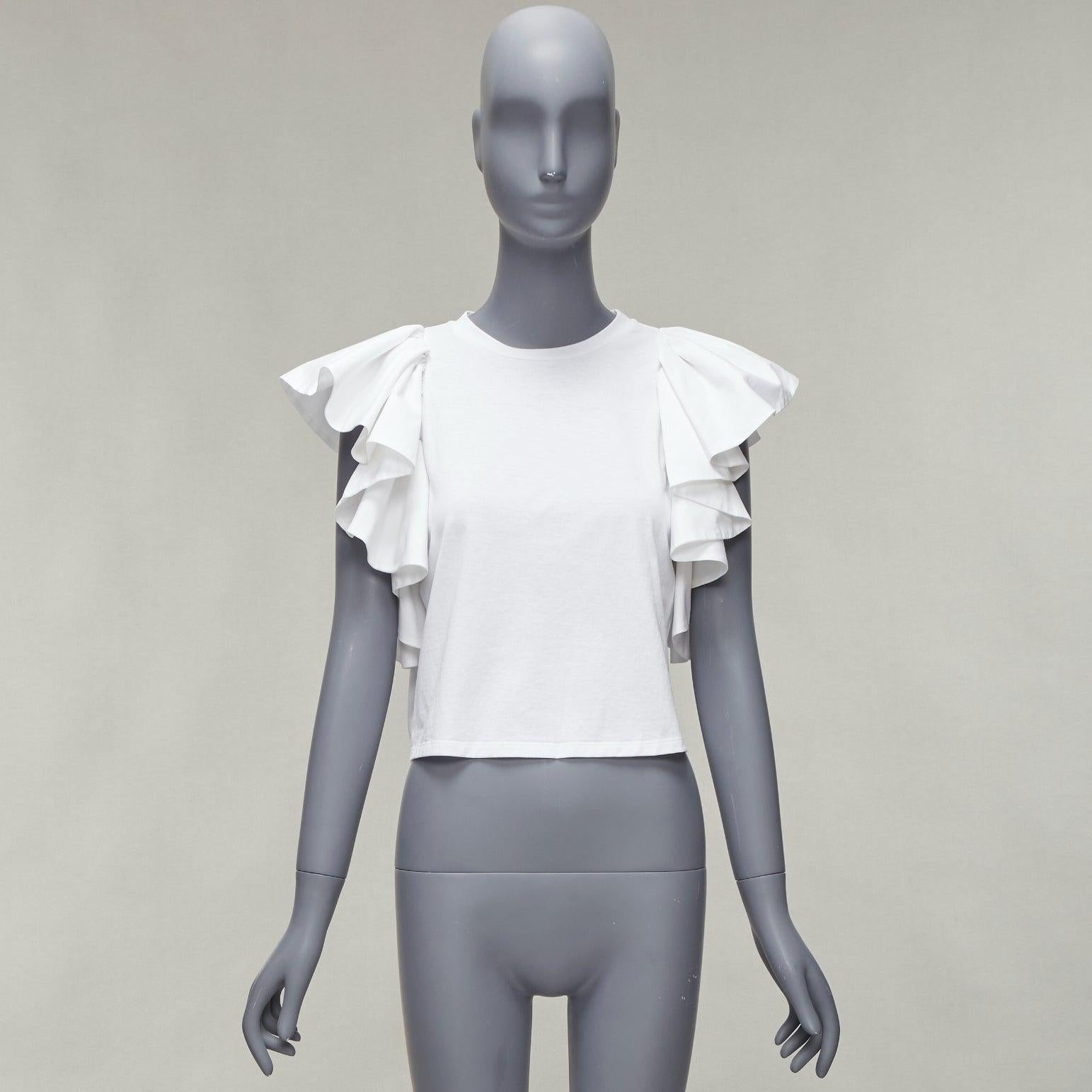ALEXANDER MCQUEEN white cotton ruffle sleeve crew neck crop top IT38 XS For Sale 4