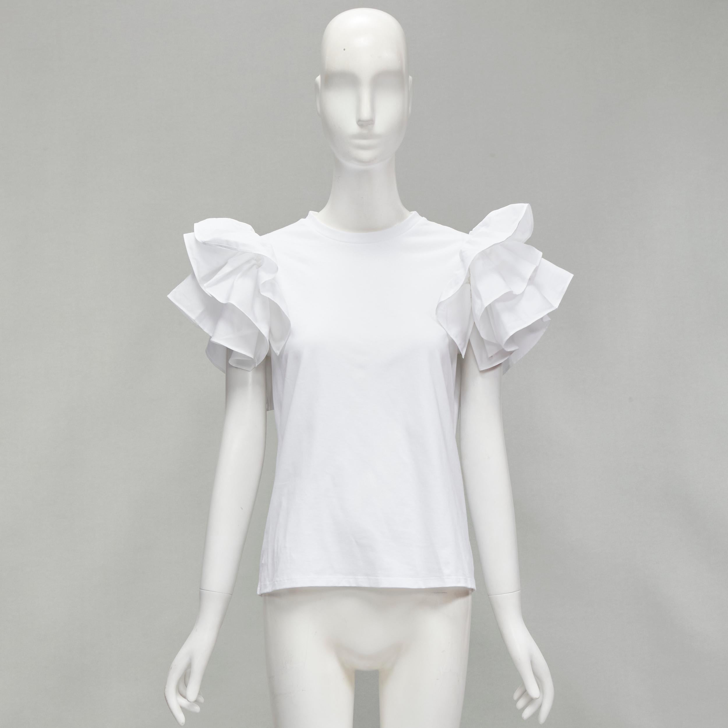 ALEXANDER MCQUEEN white cotton ruffle sleeve crew neck tshirt IT38 XS For Sale 4