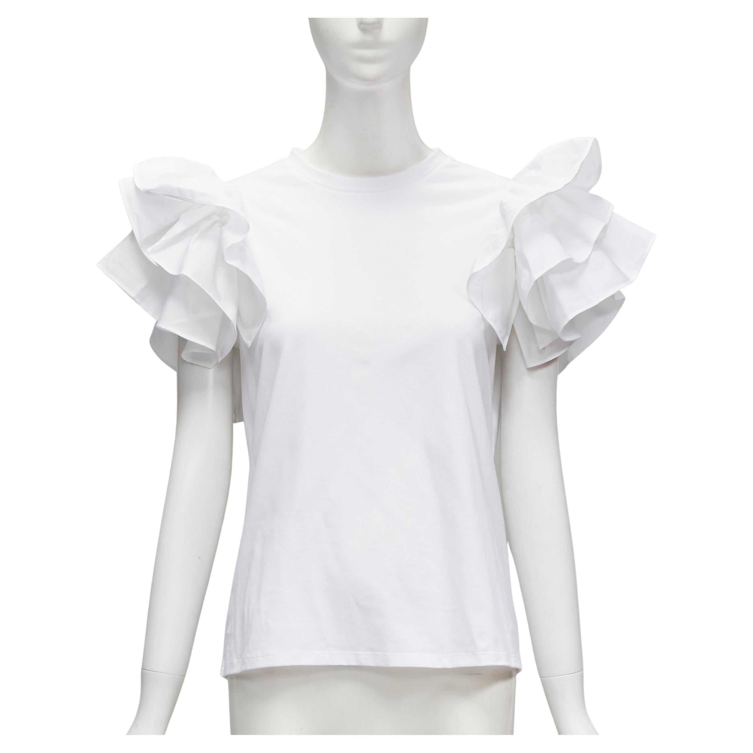 ALEXANDER MCQUEEN white cotton ruffle sleeve crew neck tshirt IT38 XS For Sale