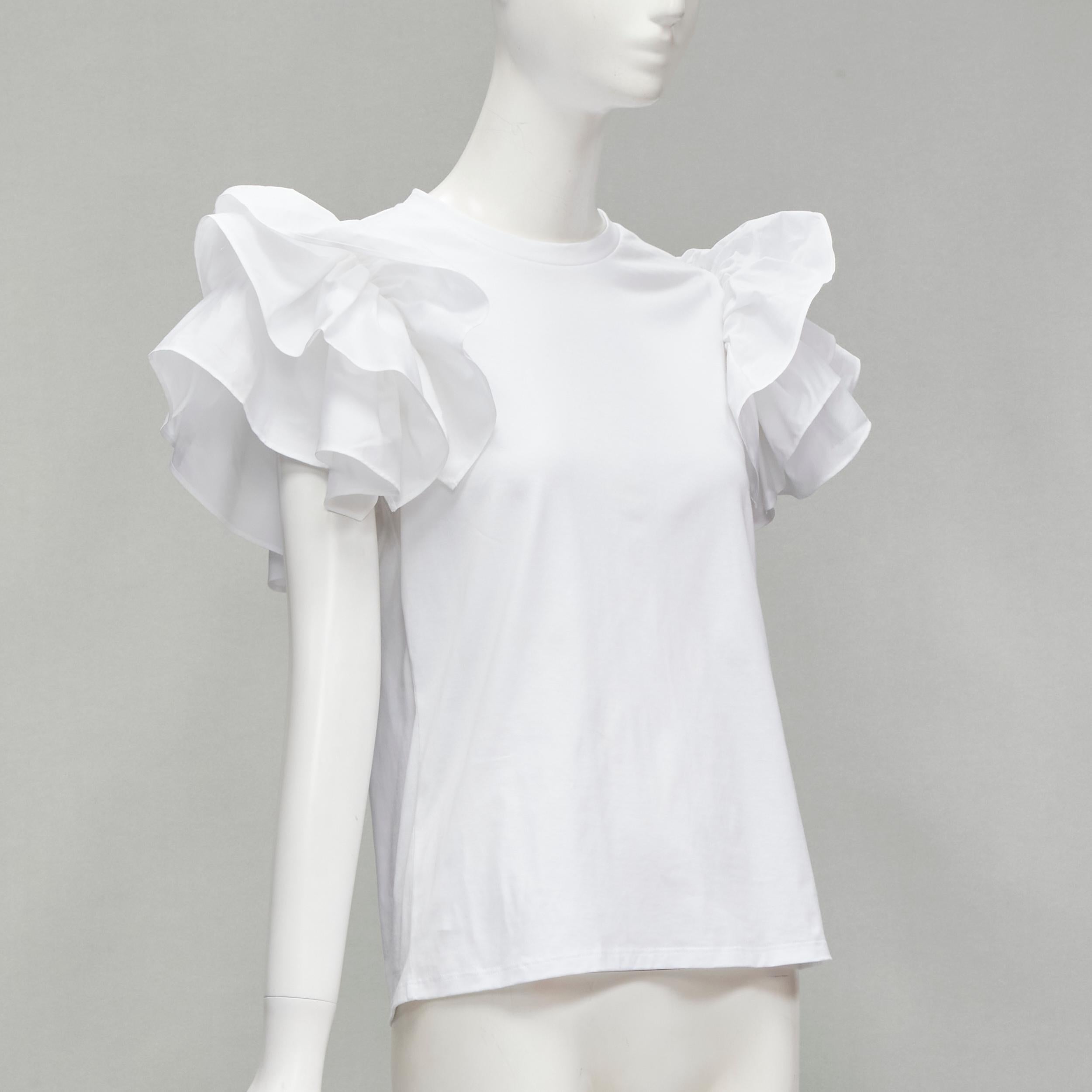 Gray ALEXANDER MCQUEEN white cotton ruffle sleeve crew neck tshirt XS IT38 For Sale