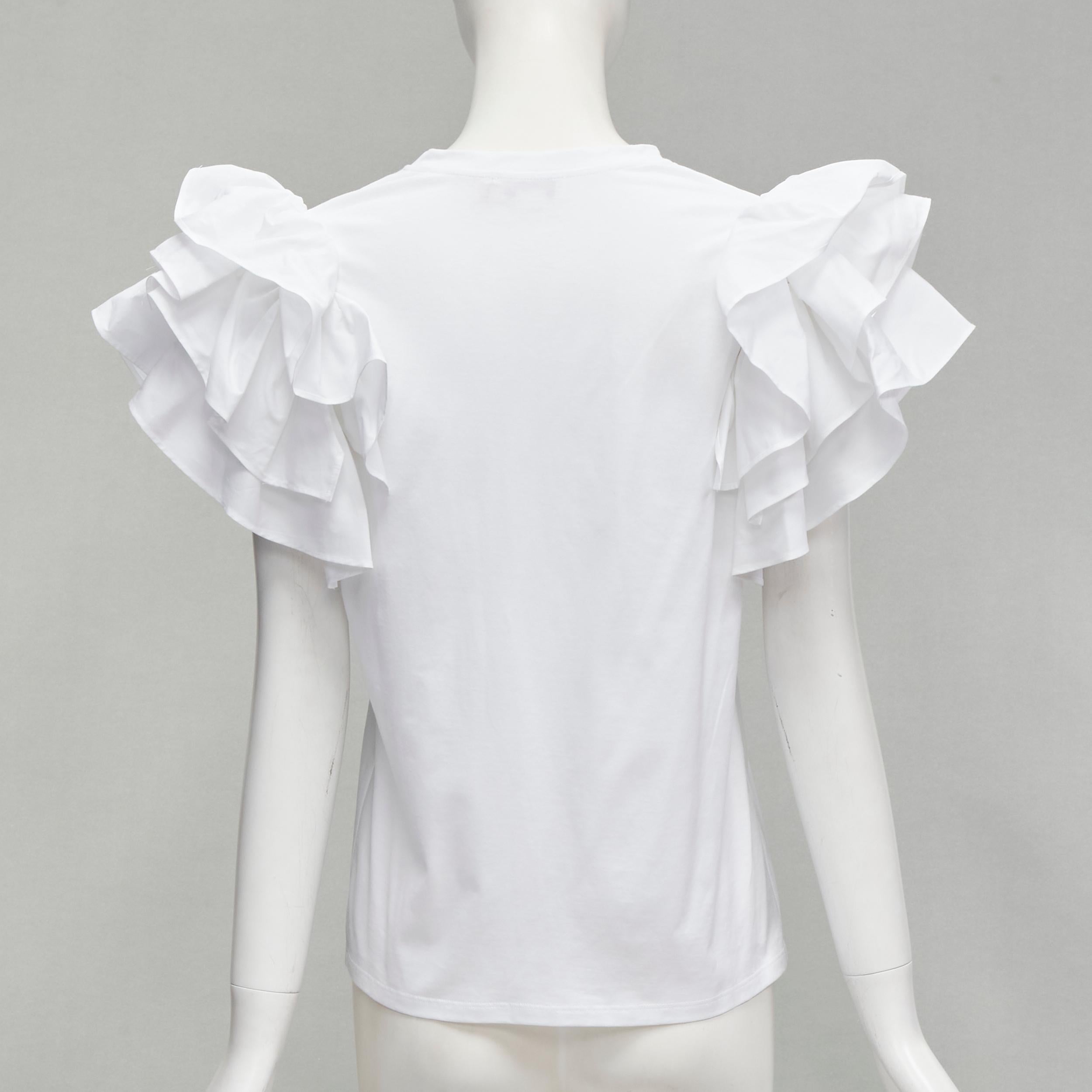 Women's ALEXANDER MCQUEEN white cotton ruffle sleeve crew neck tshirt XS IT38 For Sale
