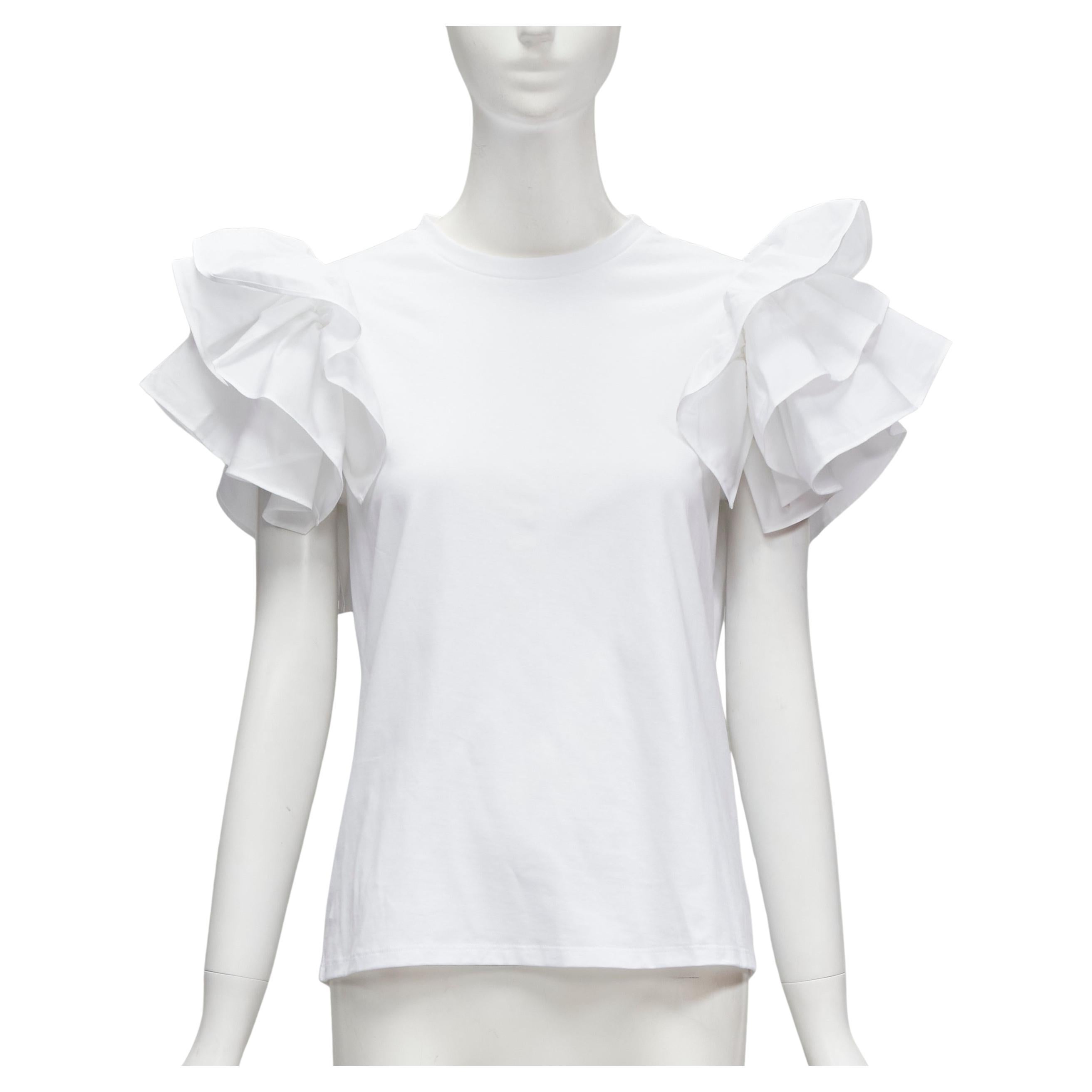 ALEXANDER MCQUEEN white cotton ruffle sleeve crew neck tshirt XS IT38