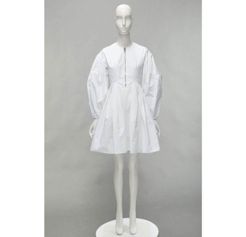 ALEXANDER MCQUEEN white cotton silver zip front puff sleeve flared dress IT36 XS For Sale 7