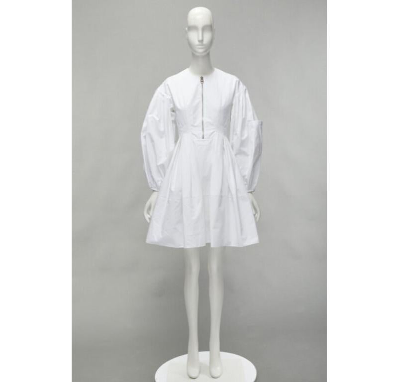 ALEXANDER MCQUEEN white cotton silver zip front puff sleeve flared dress IT36 XS For Sale 6