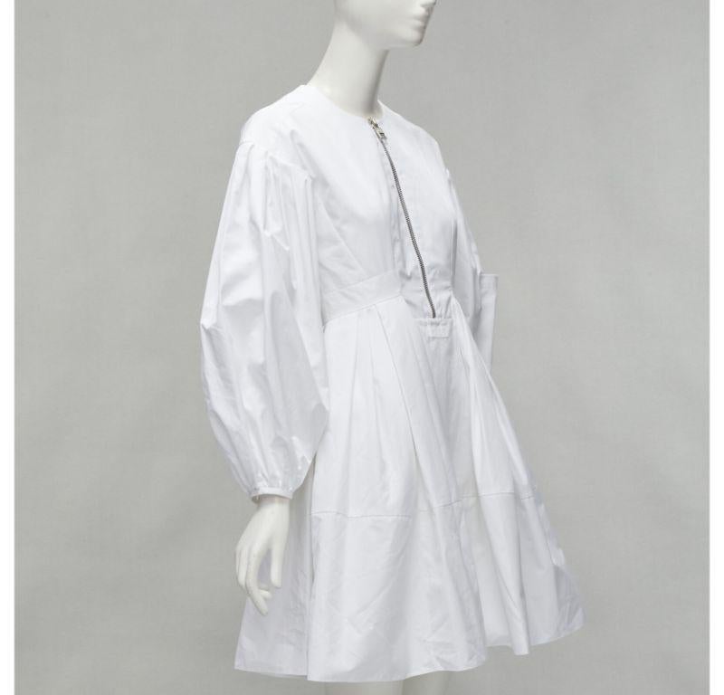 ALEXANDER MCQUEEN white cotton silver zip front puff sleeve flared dress IT36 XS In Good Condition For Sale In Hong Kong, NT