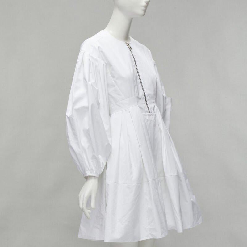 Gray ALEXANDER MCQUEEN white cotton silver zip front puff sleeve flared dress IT36 XS For Sale