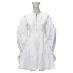 ALEXANDER MCQUEEN white cotton silver zip front puff sleeve flared dress IT36 XS