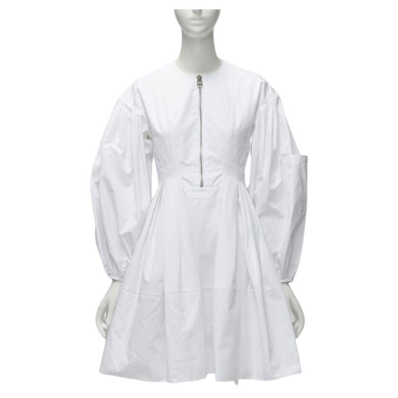 ALEXANDER MCQUEEN white cotton silver zip front puff sleeve flared dress IT36 XS For Sale