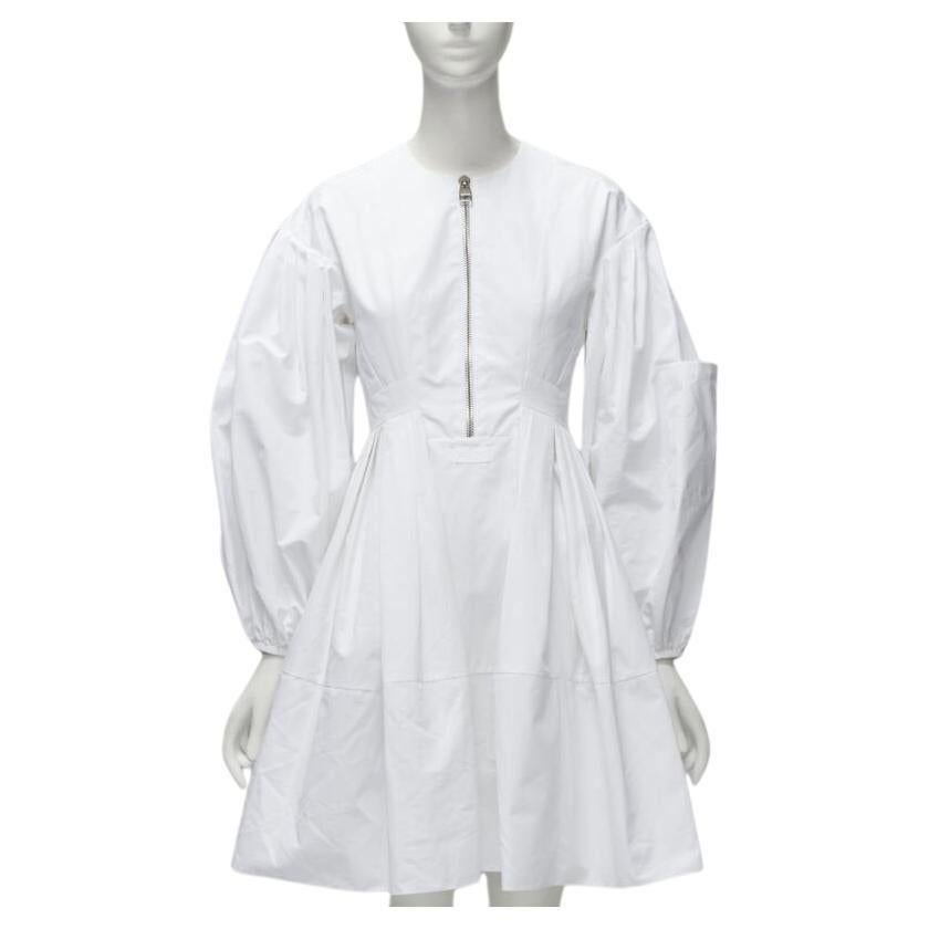 ALEXANDER MCQUEEN white cotton silver zip front puff sleeve flared dress IT36 XS For Sale