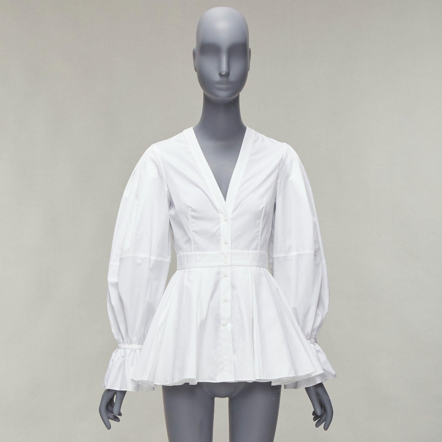 ALEXANDER MCQUEEN white cotton V-neck balloon sleeve peplum dress shirt IT38 XS For Sale 5