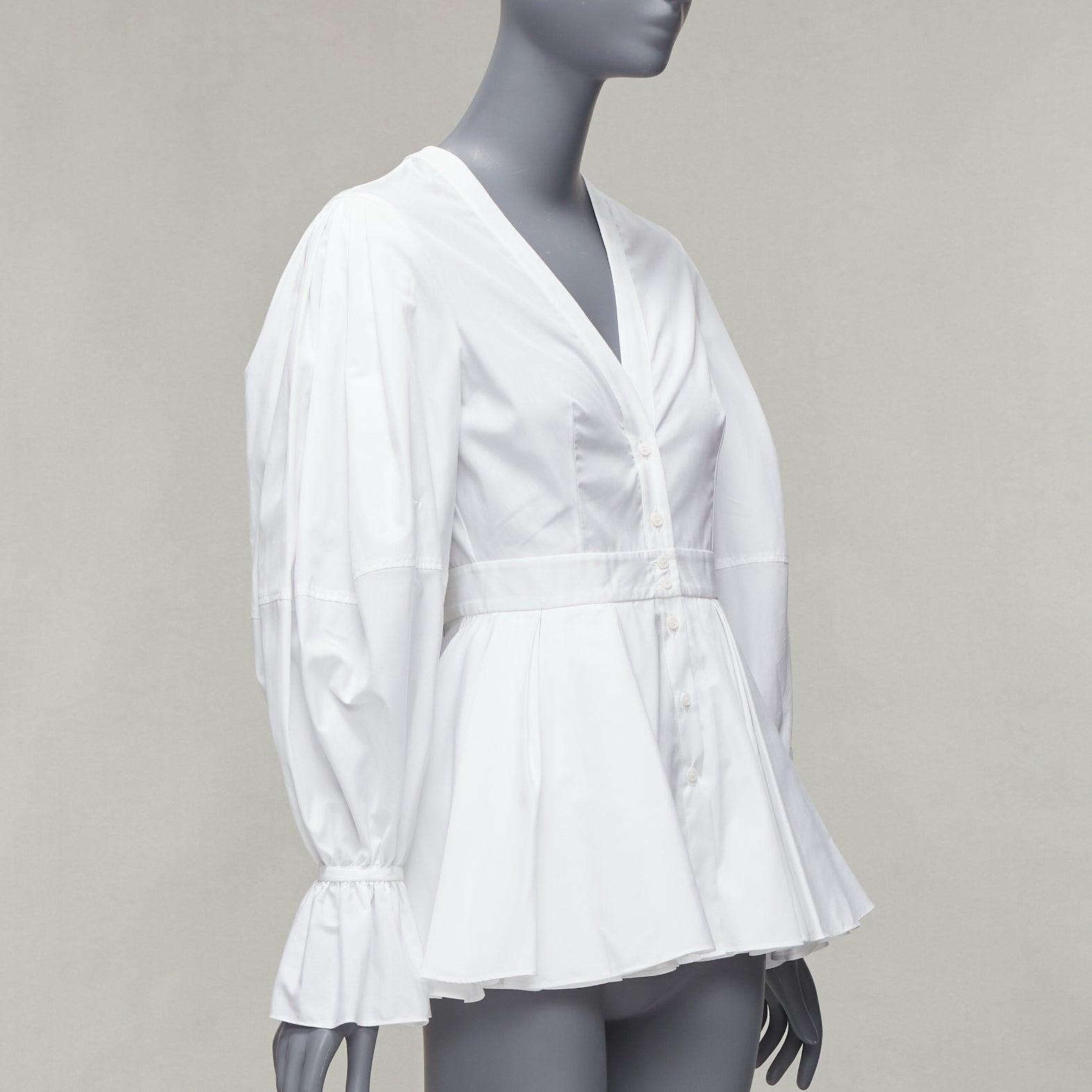 Gray ALEXANDER MCQUEEN white cotton V-neck balloon sleeve peplum dress shirt IT38 XS For Sale