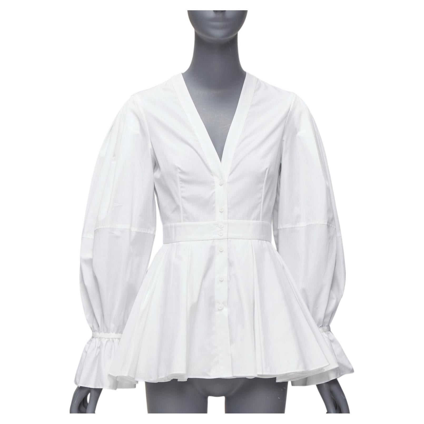 ALEXANDER MCQUEEN white cotton V-neck balloon sleeve peplum dress shirt IT38 XS