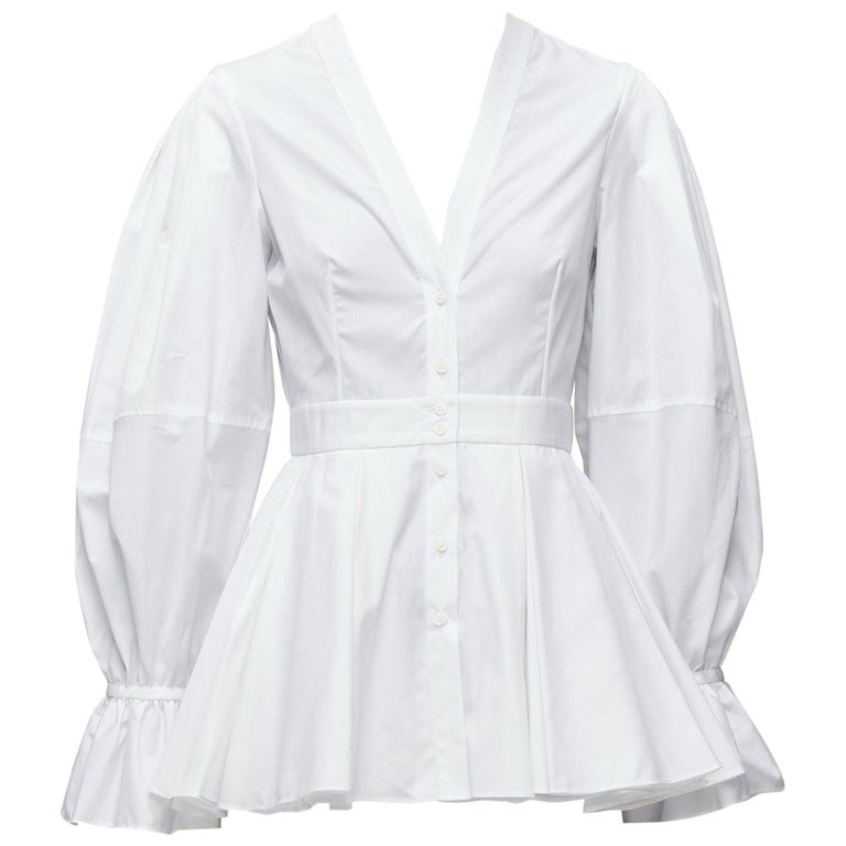 ALEXANDER MCQUEEN white cotton V-neck balloon sleeve peplum dress shirt  IT38 XS For Sale at 1stDibs