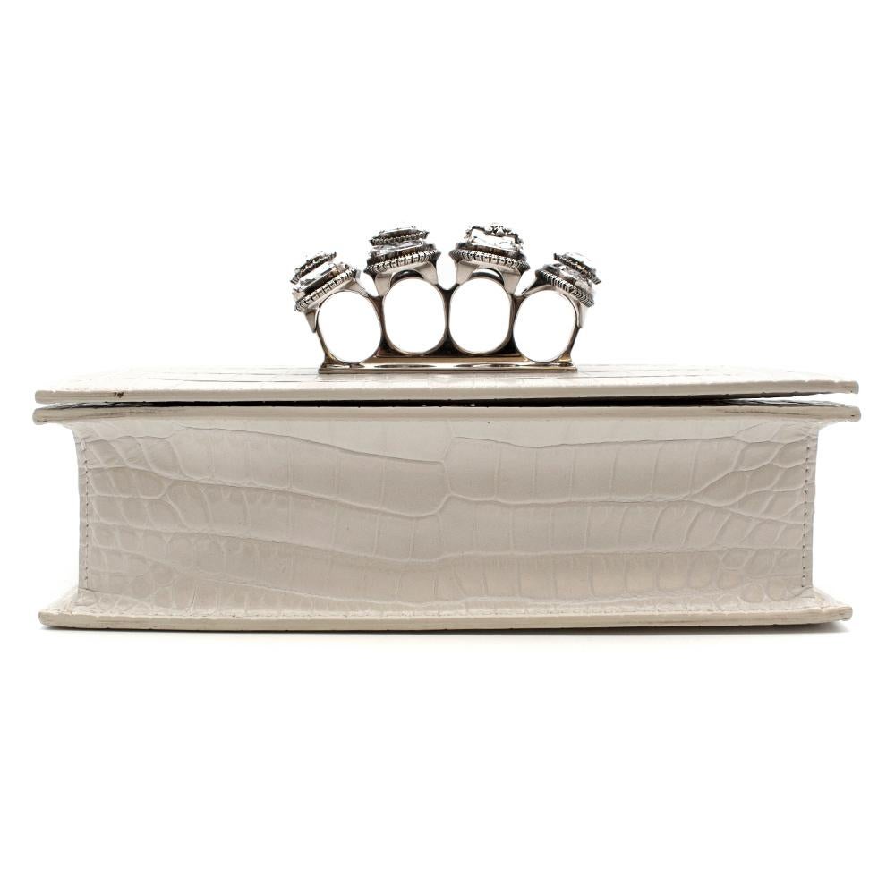 Gray Alexander McQueen White Crocodile Embossed Crystal Knuckle Duster Bag
