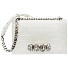 Alexander McQueen White Crocodile Embossed Crystal Knuckle Duster Bag