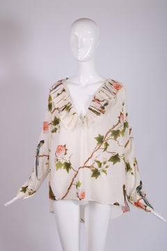 Alexander McQueen White Floral & Bird Print Poet Blouse 2003