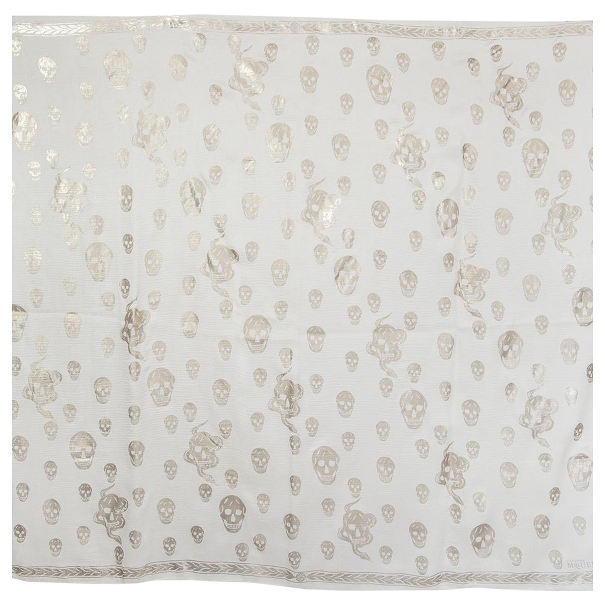 ALEXANDER MCQUEEN white & gold silk chiffon SKULL Scarf
