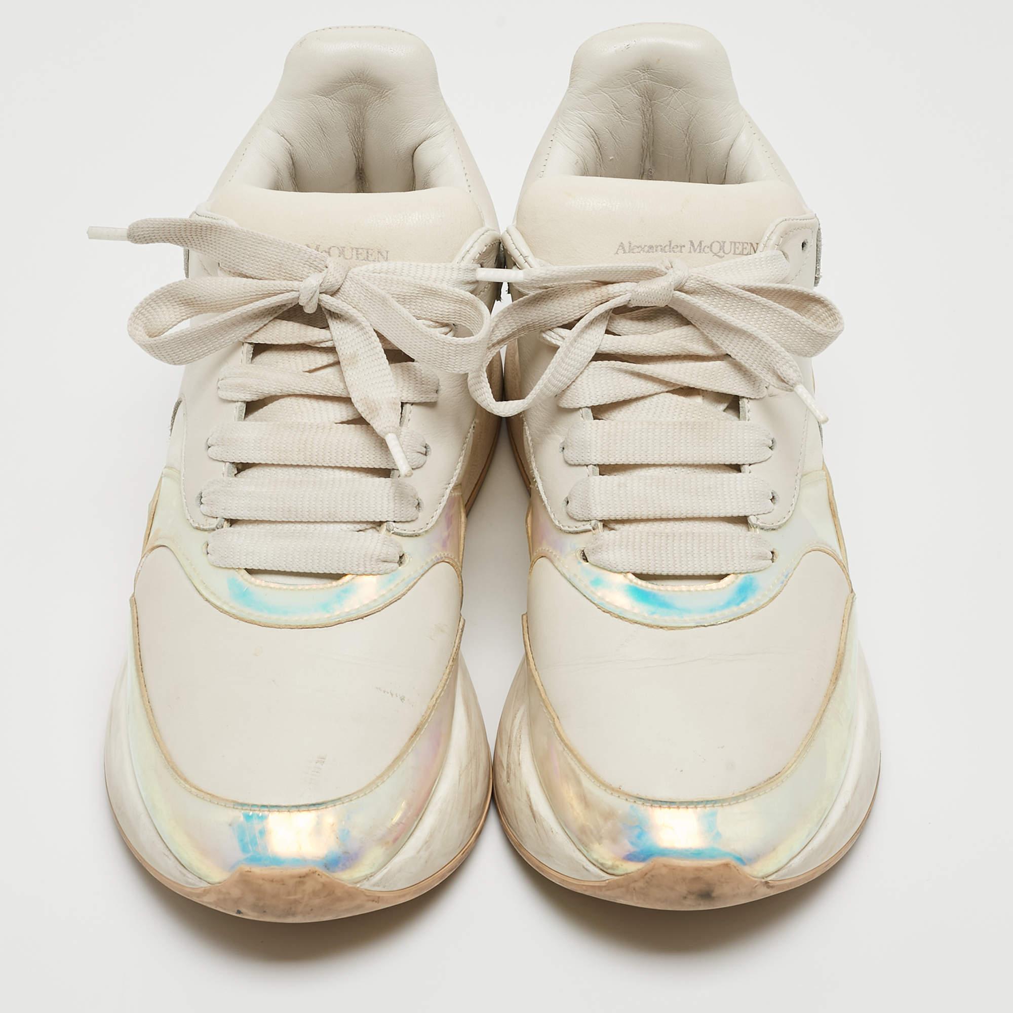 Beige Alexander McQueen White/Holographic Leather Oversized Runner Sneakers Size 39.5