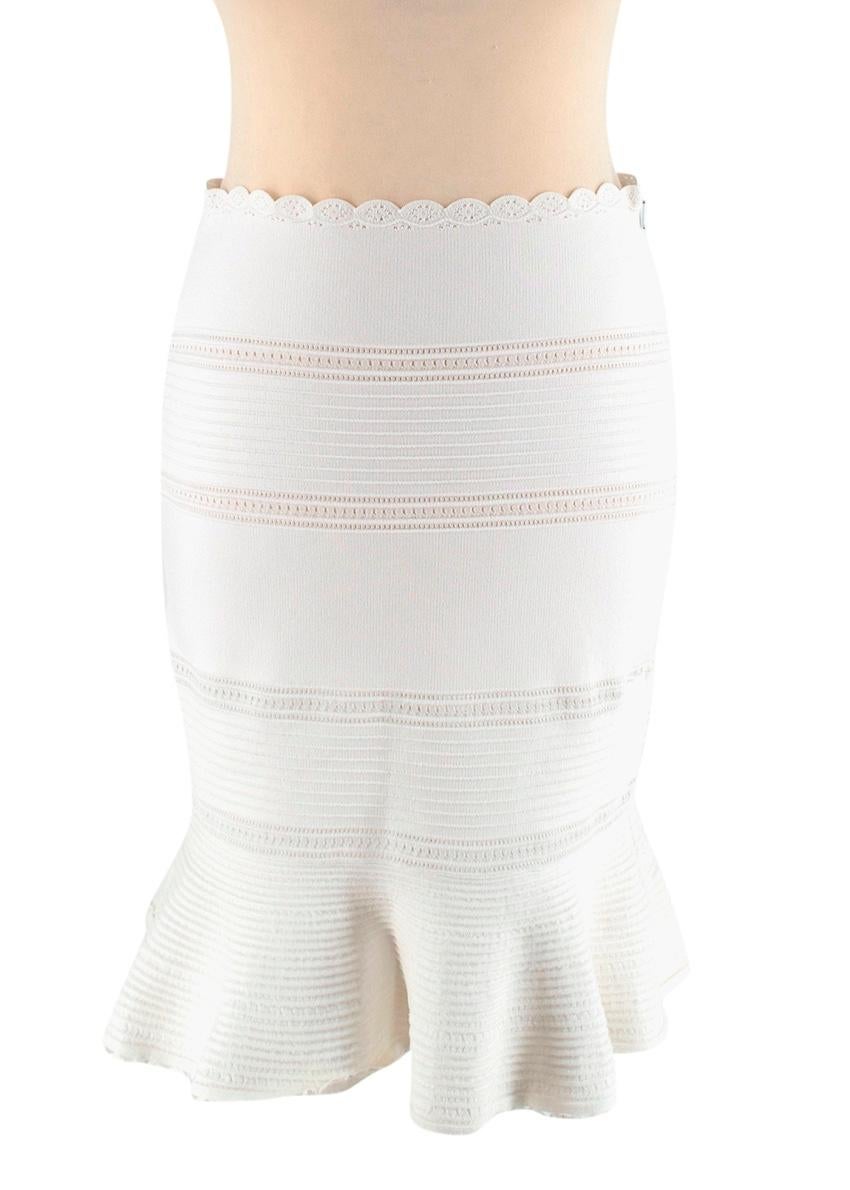 Alexander McQueen White Knitted Bardot Top & Skirt Set
 

 - 2 piece set in signature Alexander McQueen fine knit, featuring an off-the-shoulder Bardot crop top, and fitted knee-length skirt with fluted hemline
 - Double layered ruffled collar
 -
