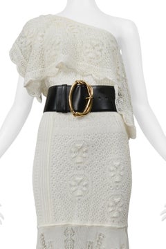 Alexander Mcqueen White Knitted Dress With Black Belt And Gold Buckle 2020