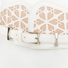 ALEXANDER MCQUEEN white laser cut leather floral silhouette waist belt 65cm