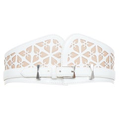 ALEXANDER MCQUEEN white laser cut leather floral silhouette waist belt 65cm