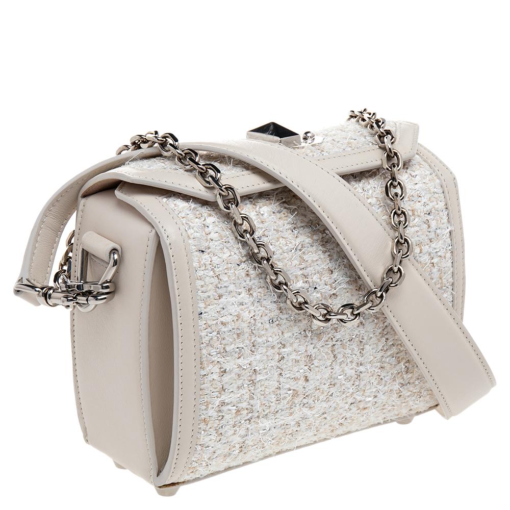 Alexander McQueen White Leather and Tweed Box 19 Crosssbody Bag In New Condition In Dubai, Al Qouz 2