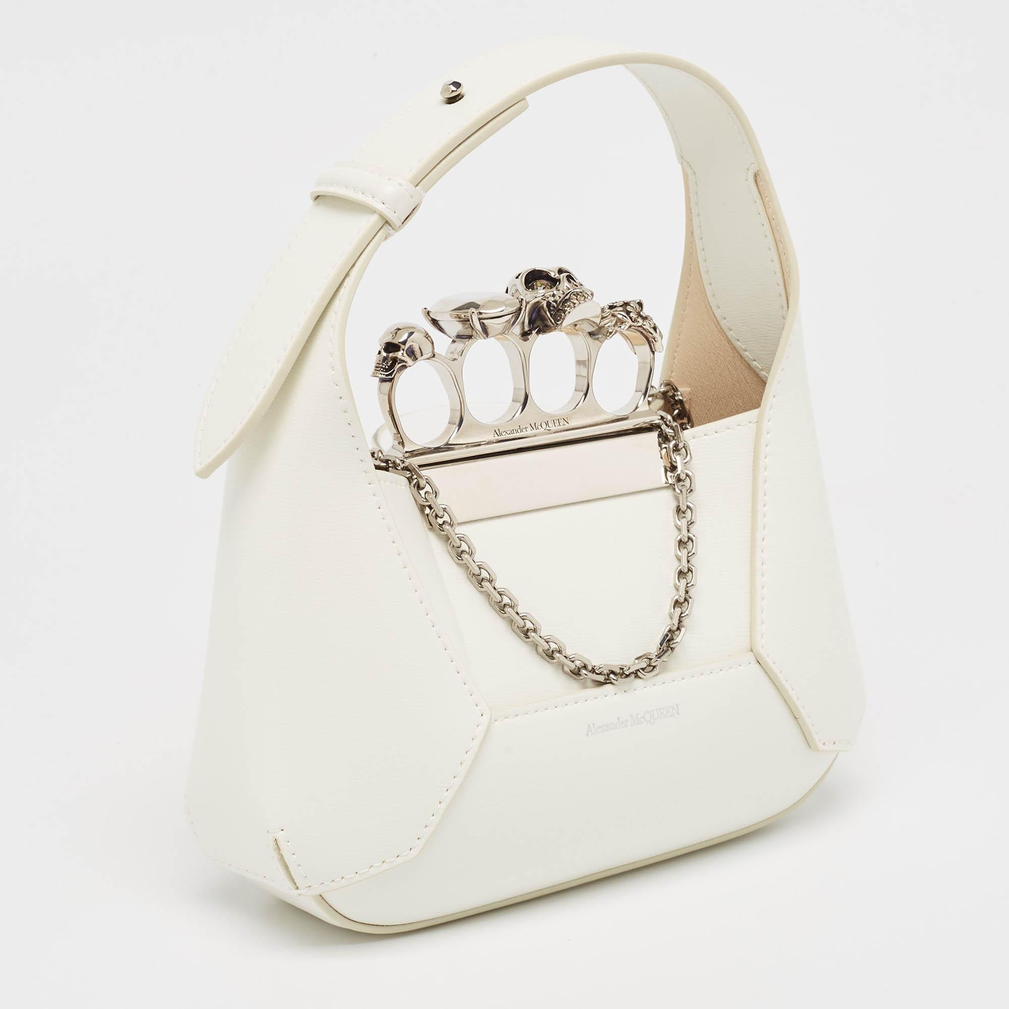 Alexander McQueen White Leather Mini Jewelled Hobo In Excellent Condition In Dubai, Al Qouz 2